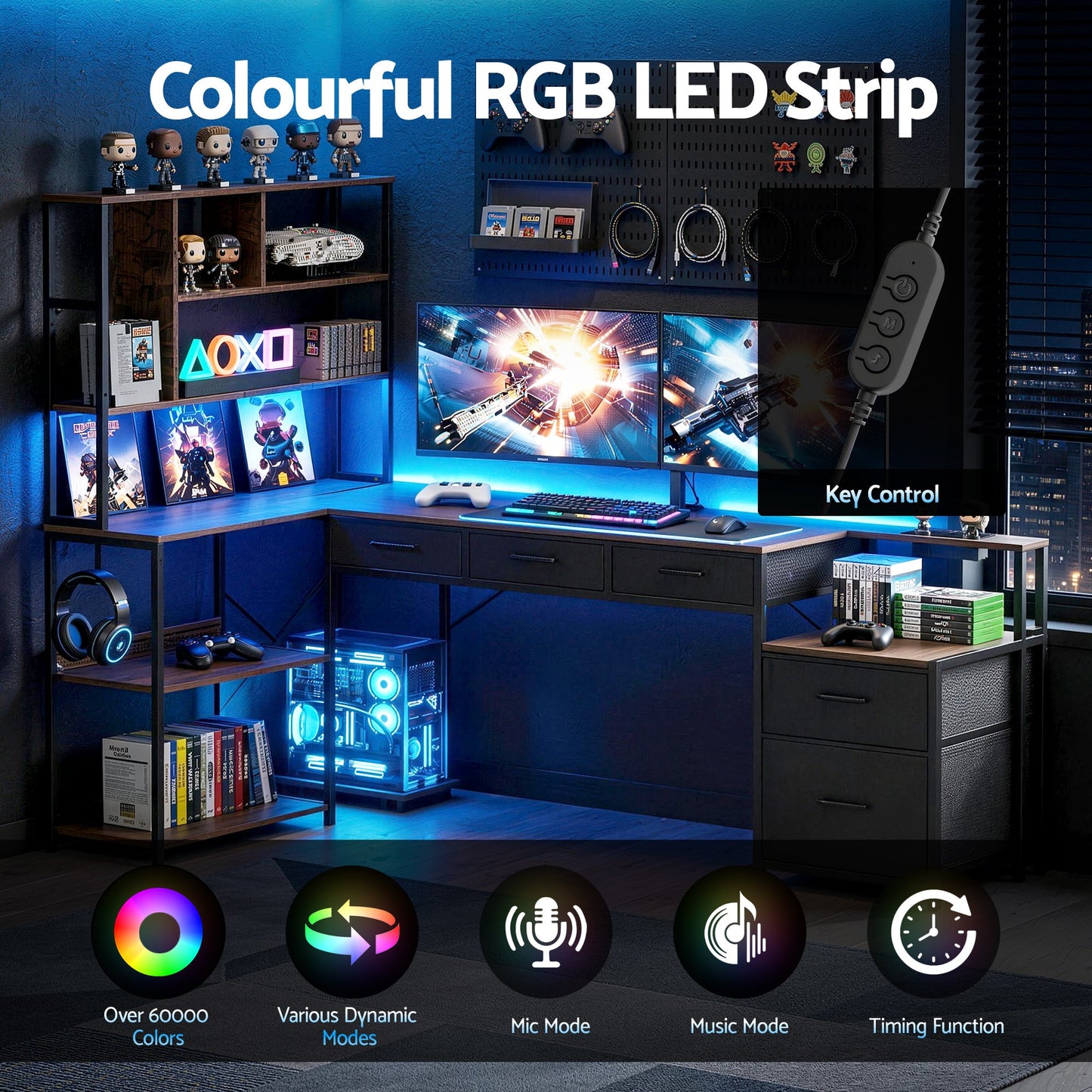 Artiss 140cm L Shaped Gaming Desk Computer Desk with LED Lights & Power Outlets