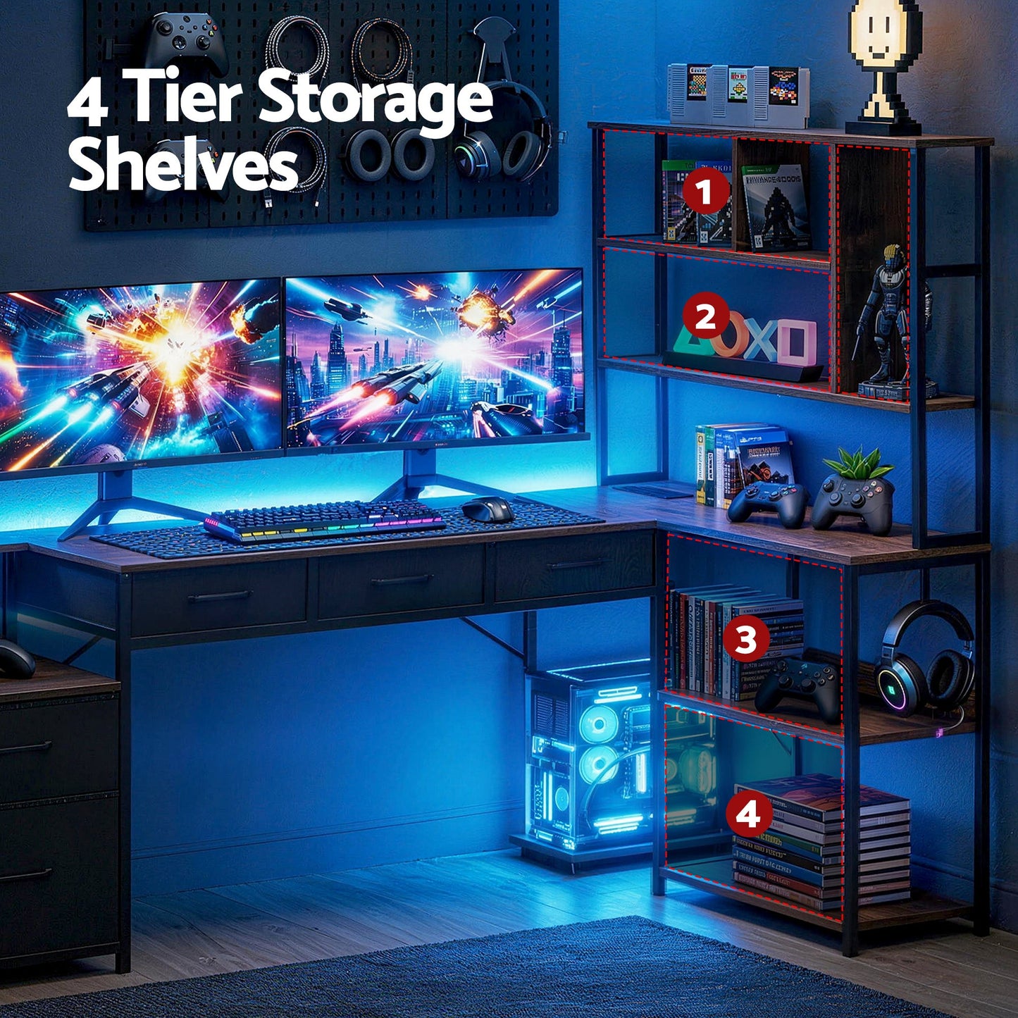 Artiss 140cm L Shaped Gaming Desk Computer Desk with LED Lights & Power Outlets