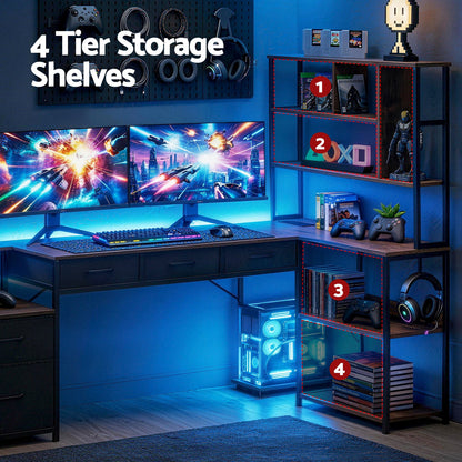 Artiss 140cm L Shaped Gaming Desk Computer Desk with LED Lights & Power Outlets