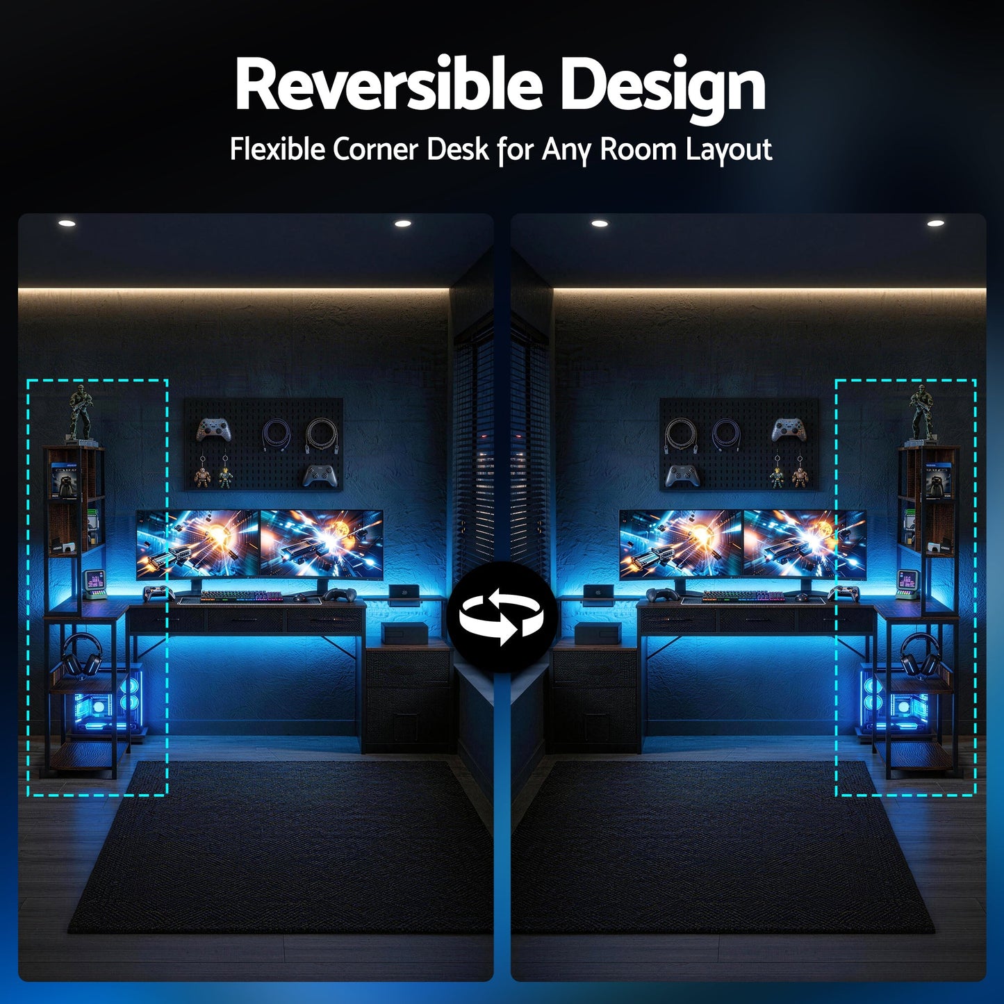 Artiss 140cm L Shaped Gaming Desk Computer Desk with LED Lights & Power Outlets