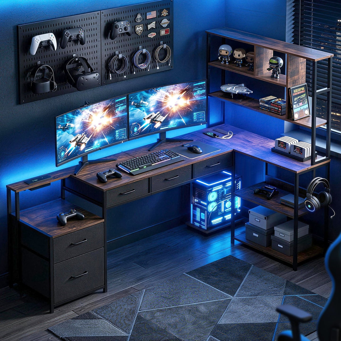 Artiss 140cm L Shaped Gaming Desk Computer Desk with LED Lights & Power Outlets