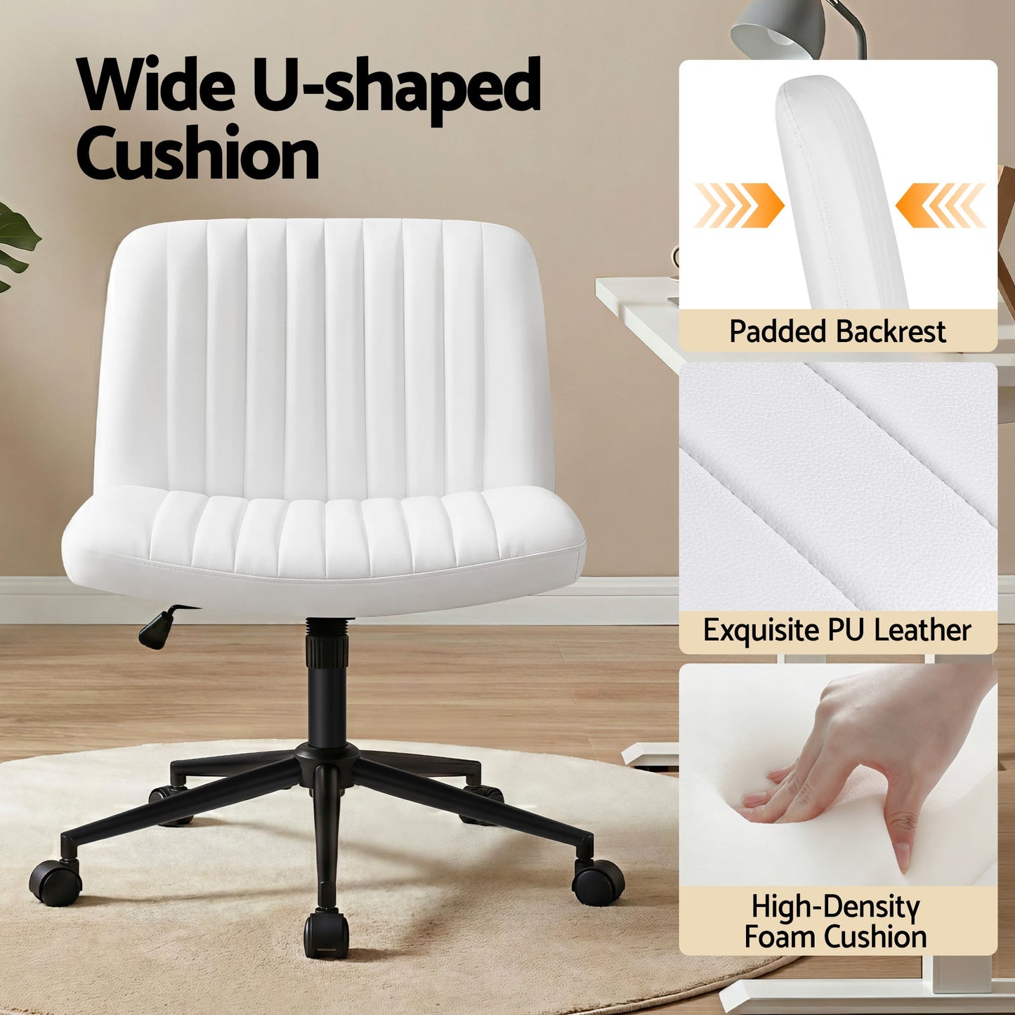 Artiss Criss Cross Chair with Wheels Wide Cross Legged Office Desk Vanity Chair PU Leather, Armless Height Adjustable Swivel Home Office Chair for Home Computer Task, White