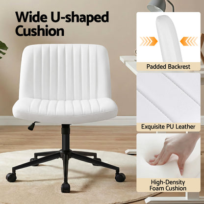 Artiss Criss Cross Chair with Wheels Wide Cross Legged Office Desk Vanity Chair PU Leather, Armless Height Adjustable Swivel Home Office Chair for Home Computer Task, White