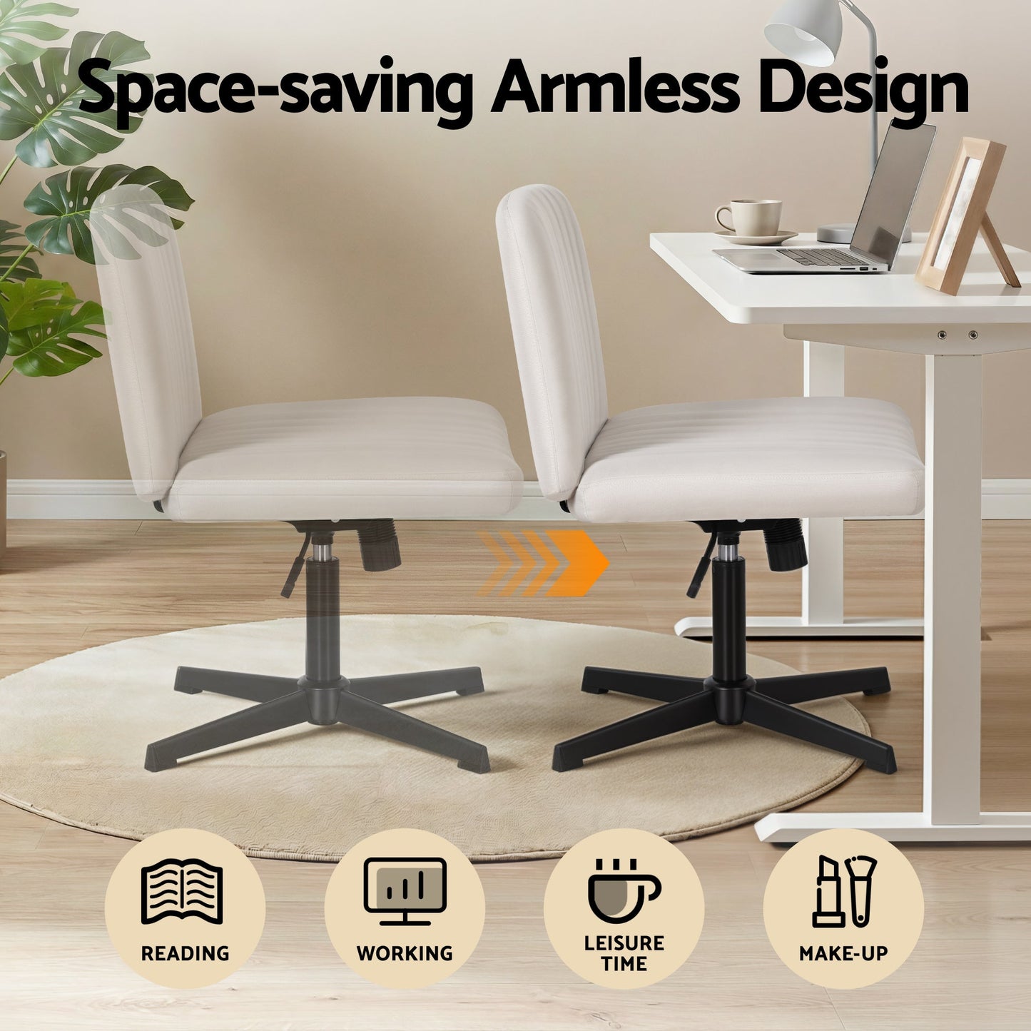 Artiss Criss Cross Chair No Wheels Fabric Wide Cross Legged Office Desk Vanity Chair Armless, Height Adjustable, Swivel Home Office Chair for Home Computer Task, Beige