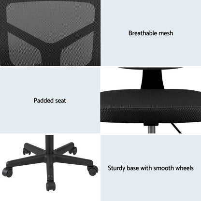 Artiss Armless Office Chair with Wheels, Ergonomic 360° Swivel Home Office Desk Chair, Height Adjustable Computer Task Chair with Fabric Back and Seat for Small Space, Black