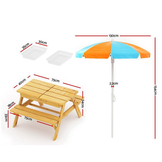 Keezi Kids Outdoor Table and Chairs Picnic Bench Umbrella Set Water Sand Pit Box.