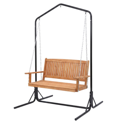 Gardeon Wooden 2-Seater Outdoor Swing Chair with Black Stand Hanging Chair Patio Furniture