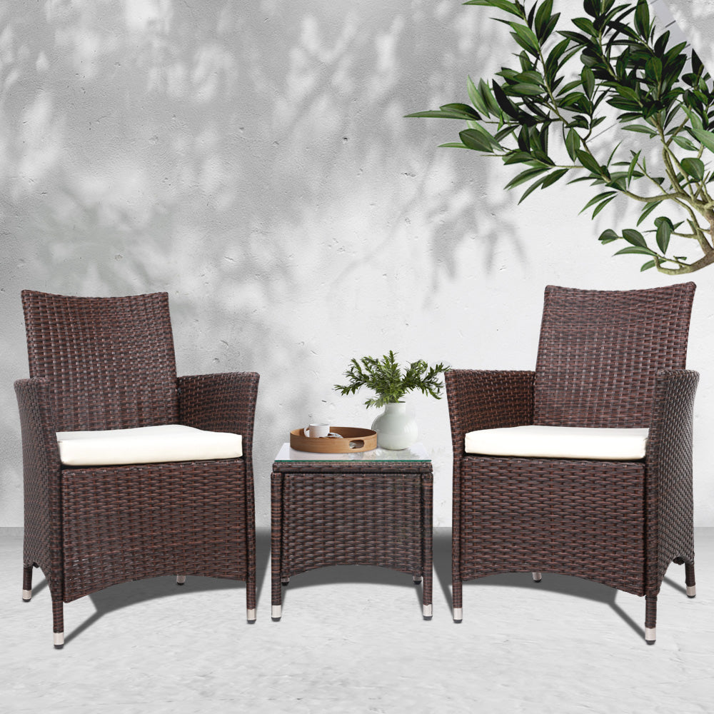 Gardeon 3PC Outdoor Bistro Set Patio Furniture Wicker Setting Chairs Table Cushion Brown.