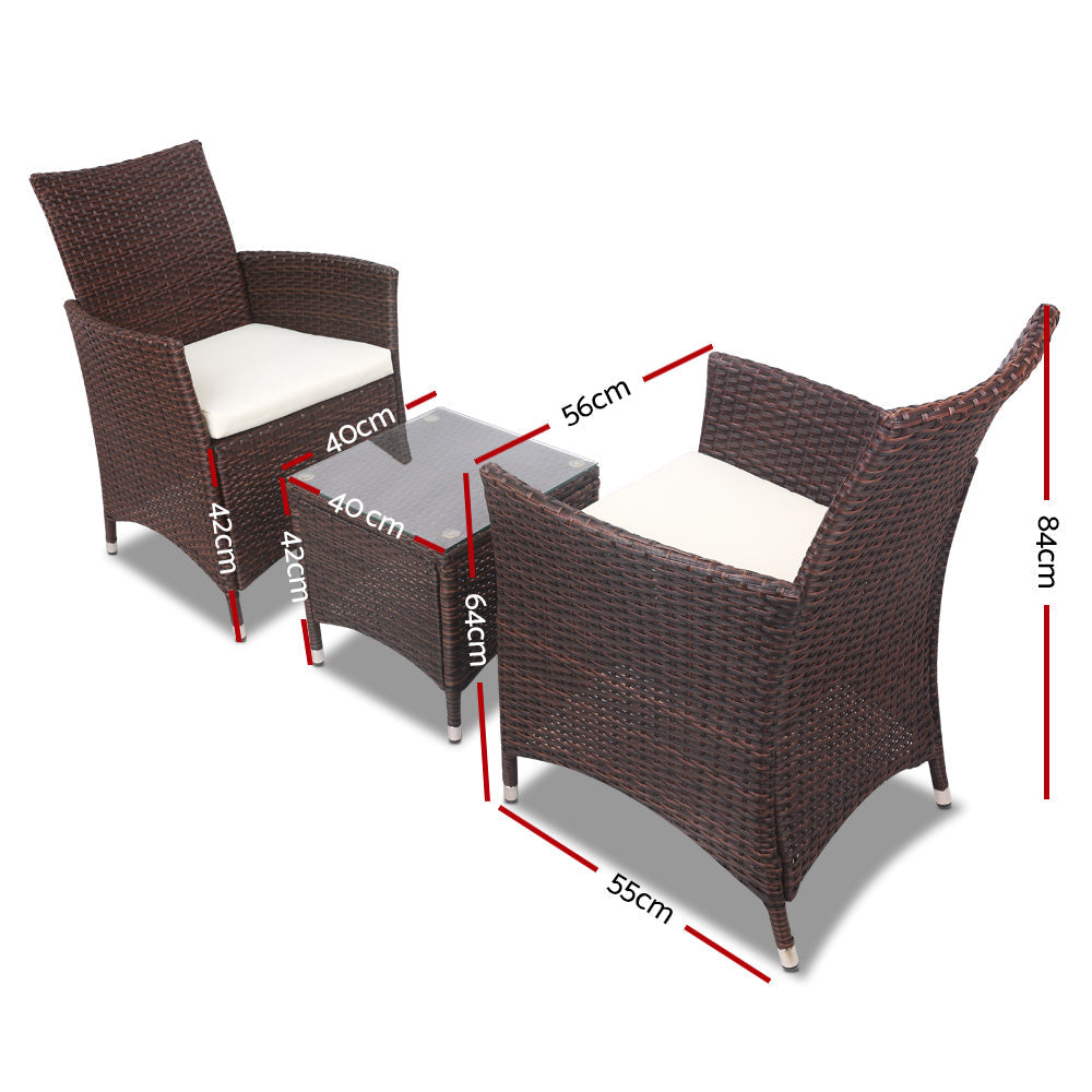 Gardeon 3PC Outdoor Bistro Set Patio Furniture Wicker Setting Chairs Table Cushion Brown.