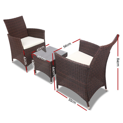 Gardeon 3PC Outdoor Bistro Set Patio Furniture Wicker Setting Chairs Table Cushion Brown.