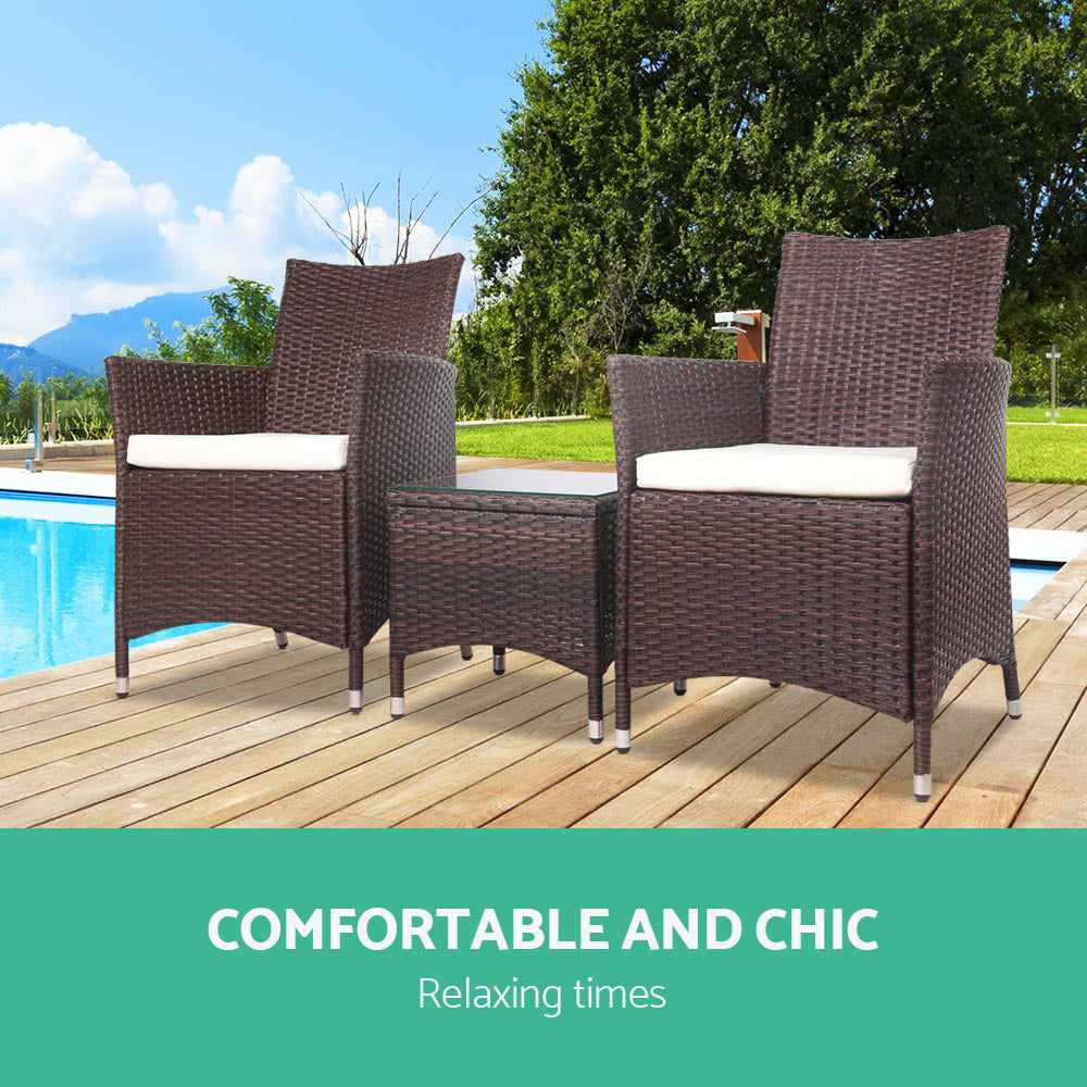 Gardeon 3PC Outdoor Bistro Set Patio Furniture Wicker Setting Chairs Table Cushion Brown.