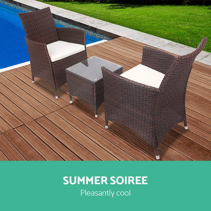 Gardeon 3PC Outdoor Bistro Set Patio Furniture Wicker Setting Chairs Table Cushion Brown.