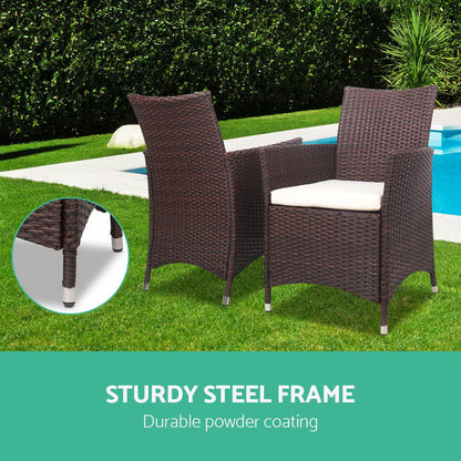 Gardeon 3PC Outdoor Bistro Set Patio Furniture Wicker Setting Chairs Table Cushion Brown.