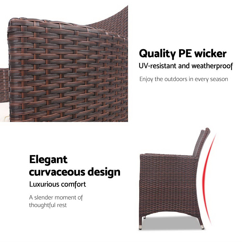 Gardeon 3PC Outdoor Bistro Set Patio Furniture Wicker Setting Chairs Table Cushion Brown.