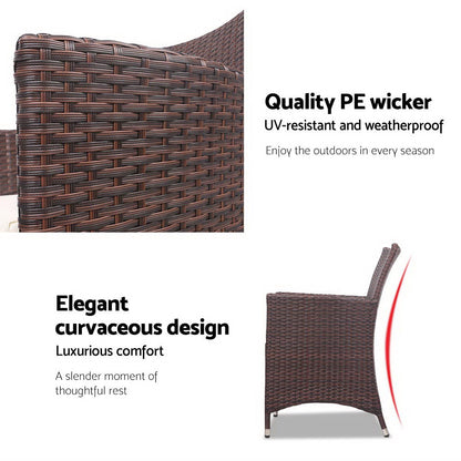 Gardeon 3PC Outdoor Bistro Set Patio Furniture Wicker Setting Chairs Table Cushion Brown.
