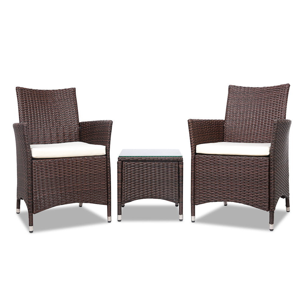 Gardeon 3PC Outdoor Bistro Set Patio Furniture Wicker Setting Chairs Table Cushion Brown.