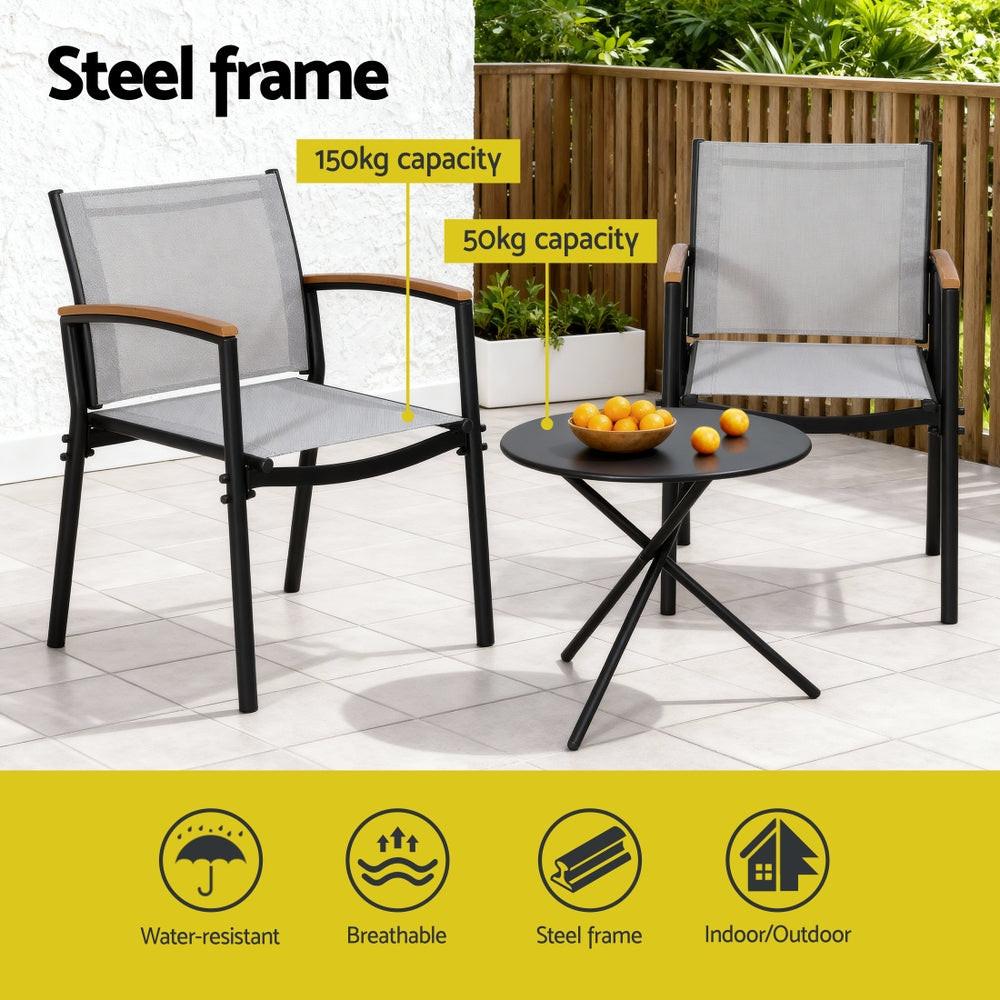 Gardeon 3PC Outdoor Bistro Set Table and Chairs Steel Dining Chair Patio Furniture Textilene.