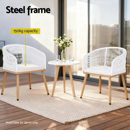 Gardeon 2PC Outdoor Dining Chairs Wicker Chair Patio Furniture Garden Steel White.