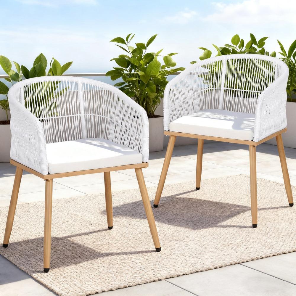Gardeon 2PC Outdoor Dining Chairs Wicker Chair Patio Furniture Garden Steel White.