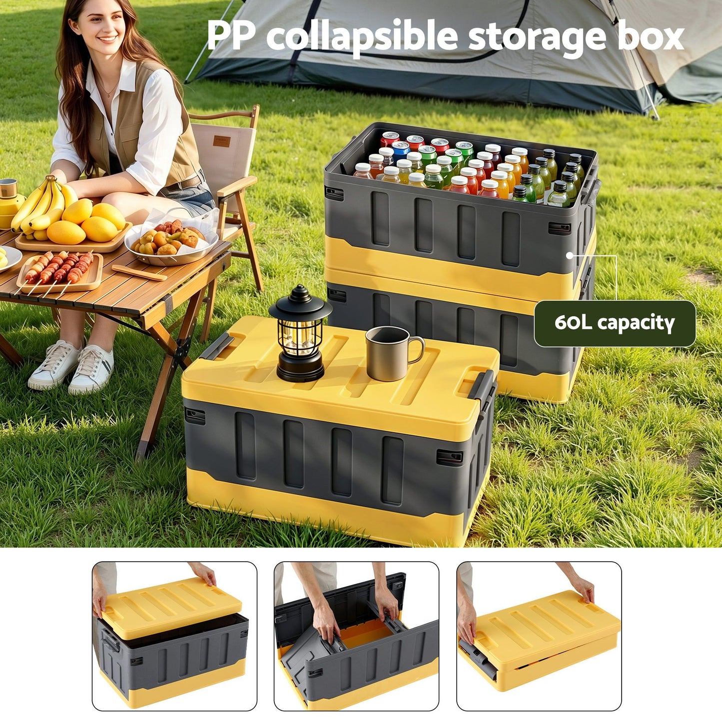 Gardeon Collapsible Outdoor Storage Box 60L Stackable Folding Camping Organizer Yellow
