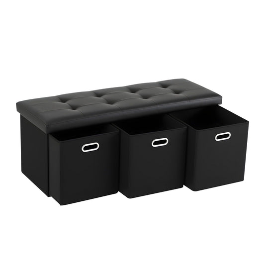 Artiss Storage Ottoman with 3 Cube Drawers Foot Stool Rest Foldable Black