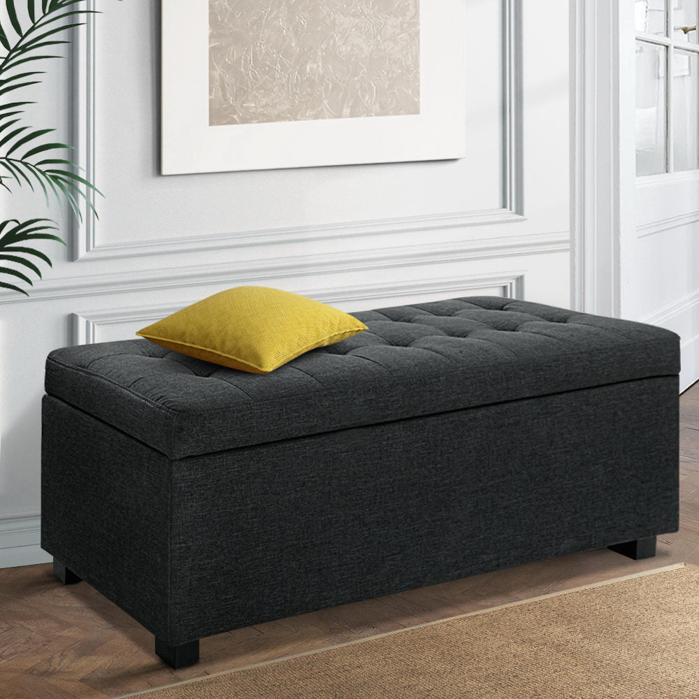 Artiss Storage Ottoman Blanket Box 97cm Linen Charcoal.