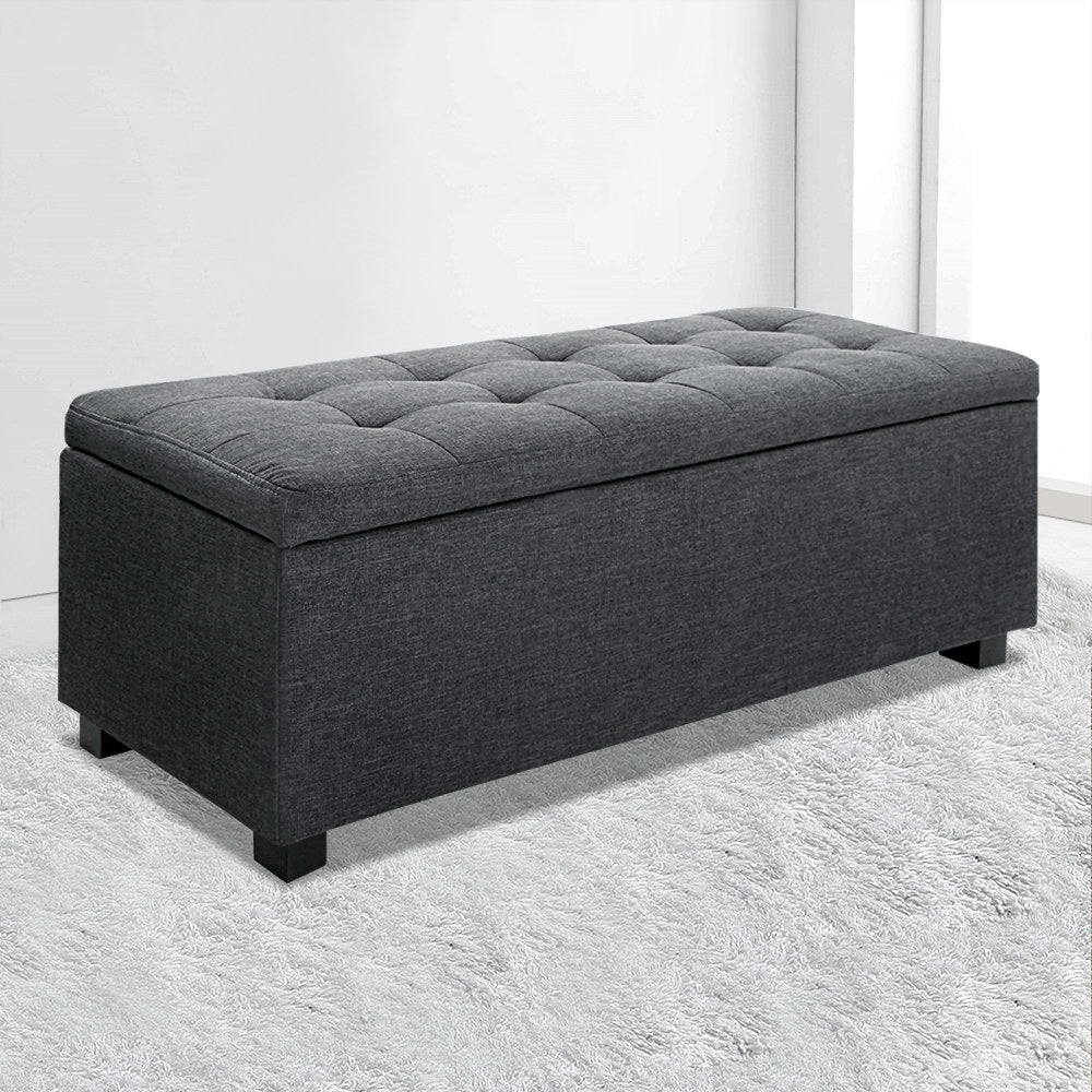 Artiss Storage Ottoman Blanket Box 97cm Linen Charcoal.