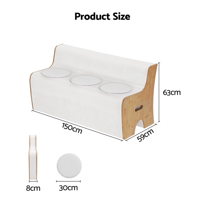 Artiss Folding Kraft Paper Sofa 3 Seater Accordion Bench with PU Leather Cushion Collapsible Couch 300kg Capacity 150x59x63cm Main Image