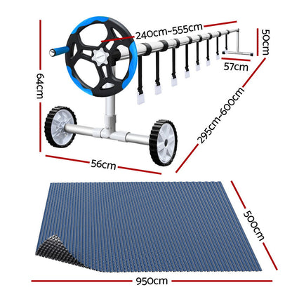 Aqua Buddy Pool Cover 600 Micron 9.5x5m w/ Blue Roller 5.55m Black Solar Blanket