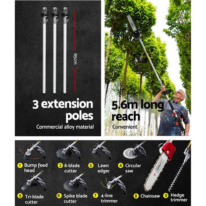 Giantz 62CC Pole Chainsaw Hedge Trimmer Brush Cutter Whipper Snipper Saw 9-in-1 5.6m.