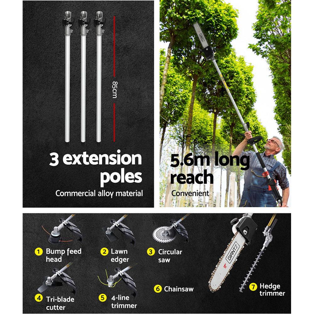 Giantz 62CC Pole Chainsaw Hedge Trimmer Brush Cutter Whipper 7-in-1 5.6m Black.