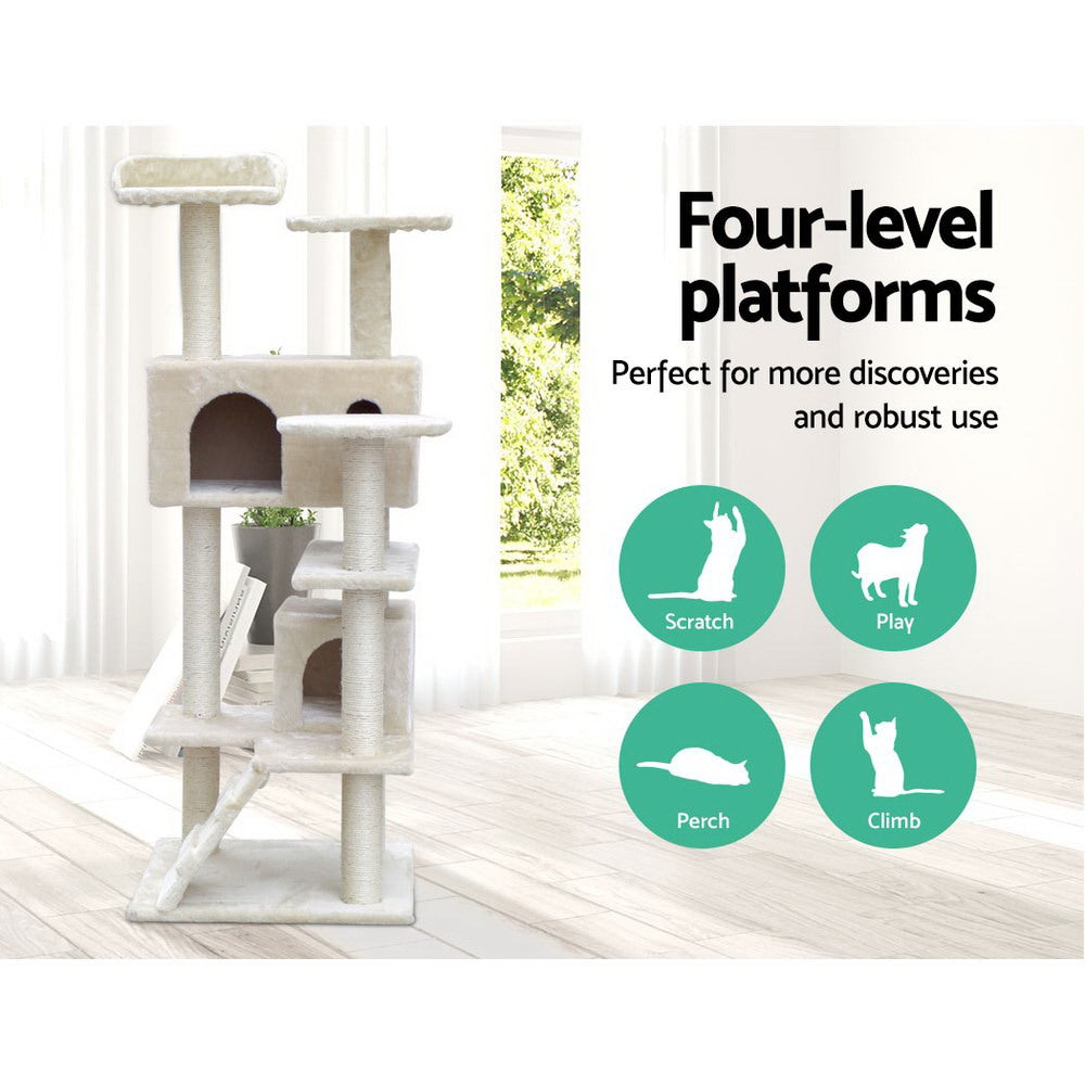 i.Pet Cat Tree 134cm Tower Scratching Post Scratcher Wood Condo House Bed Beige.