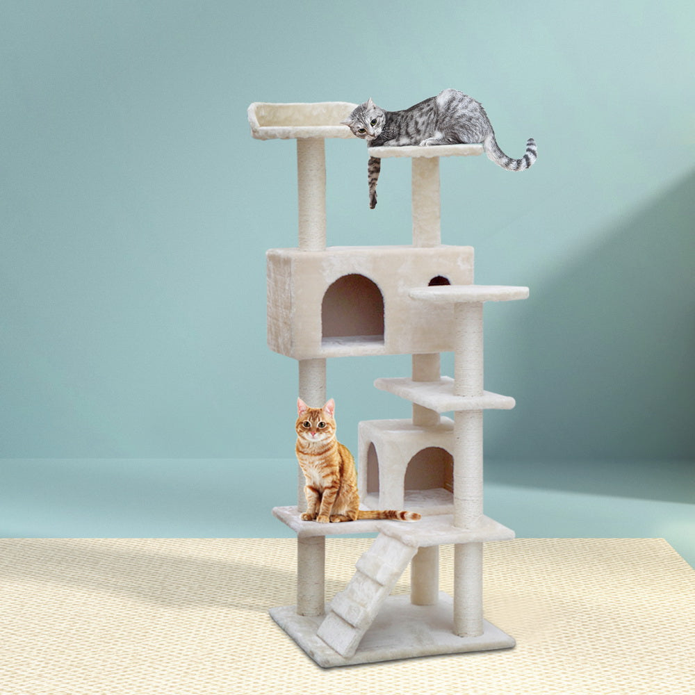 i.Pet Cat Tree 134cm Tower Scratching Post Scratcher Wood Condo House Bed Beige.