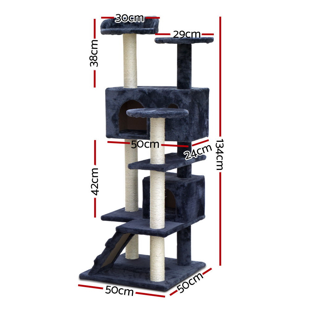 i.Pet Cat Tree 134cm Tower Scratching Post Scratcher Wood Condo House Bed Grey.