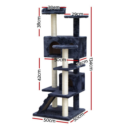 i.Pet Cat Tree 134cm Tower Scratching Post Scratcher Wood Condo House Bed Grey.