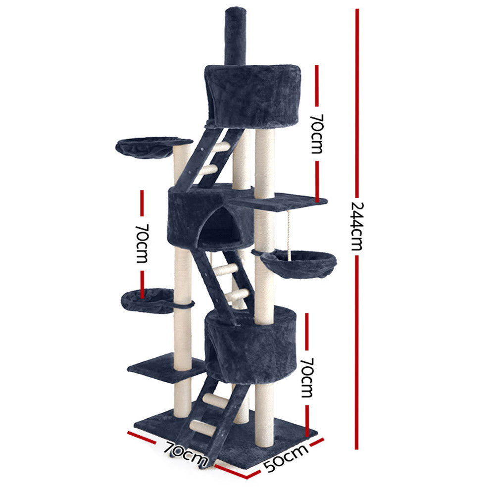 i.Pet Cat Tree 244cm Tower Scratching Post Scratcher Trees Condo House Grey.