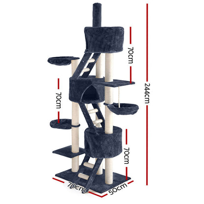 i.Pet Cat Tree 244cm Tower Scratching Post Scratcher Trees Condo House Grey.