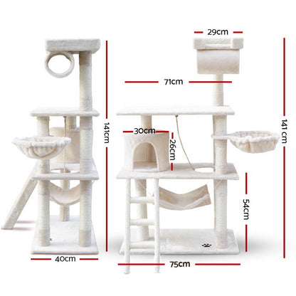 i.Pet Cat Tree 141cm Tower Scratching Post Scratcher Condo Wood House Bed Beige.