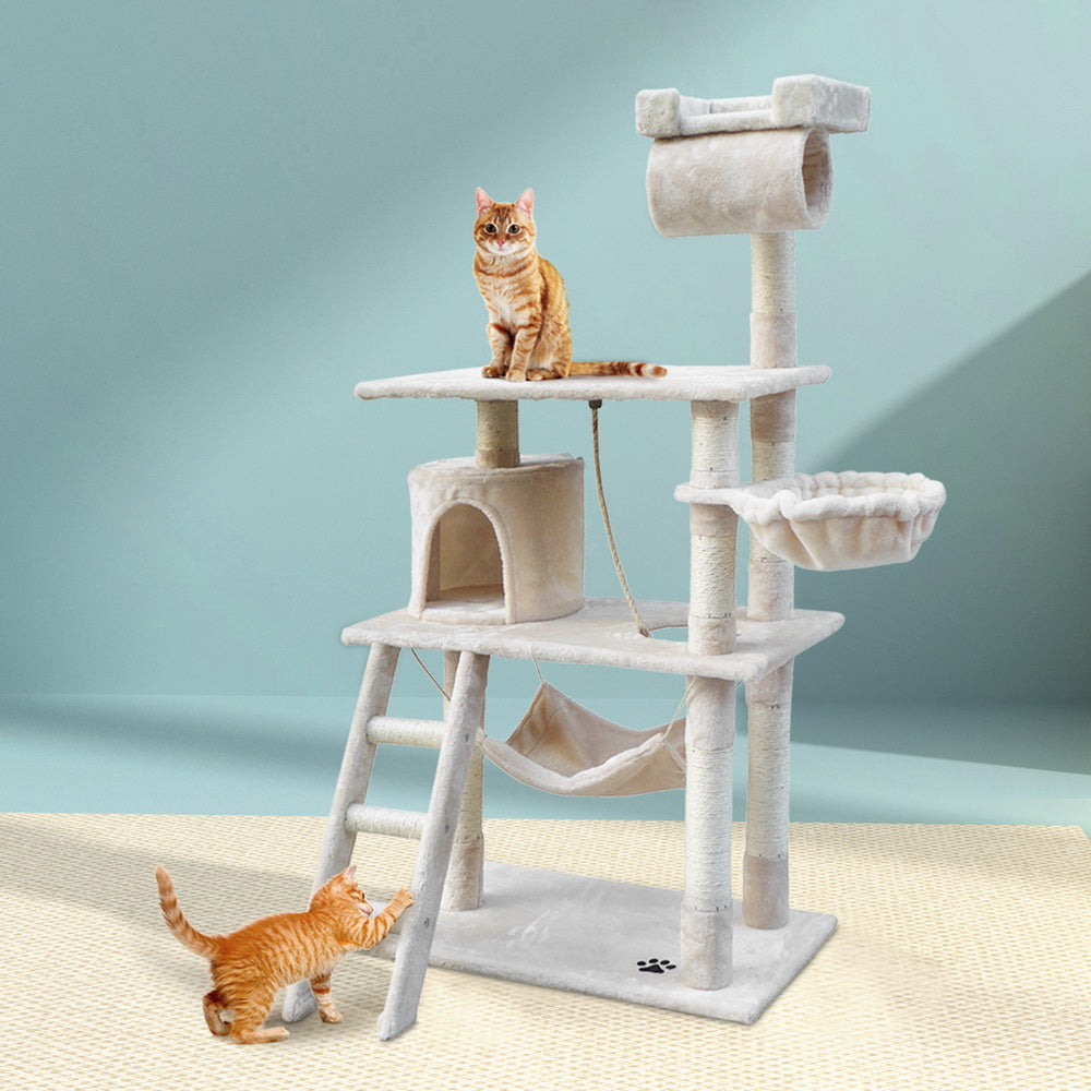 i.Pet Cat Tree 141cm Tower Scratching Post Scratcher Condo Wood House Bed Beige.