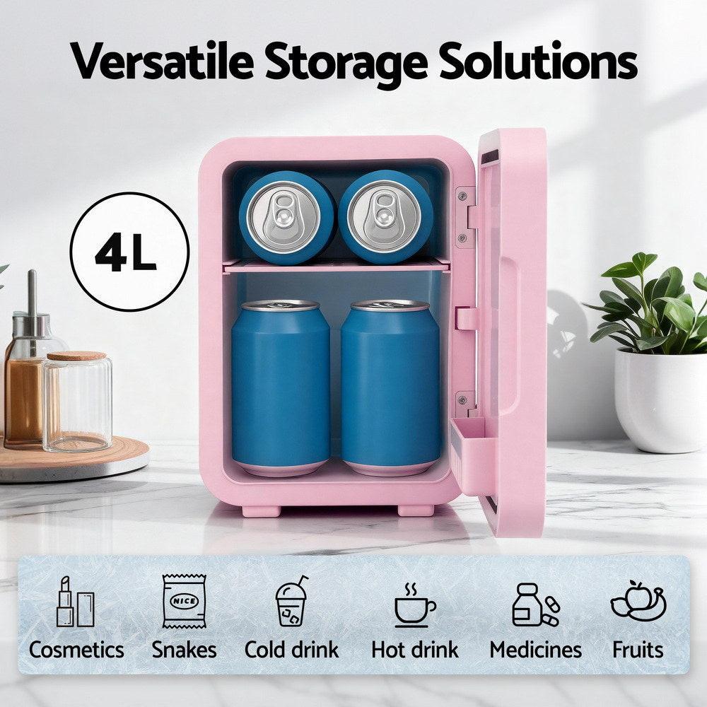 Glacio Mini Fridge Skincare Beauty Cooler Warmer LED Mirror 12V 220V Pink 4L.