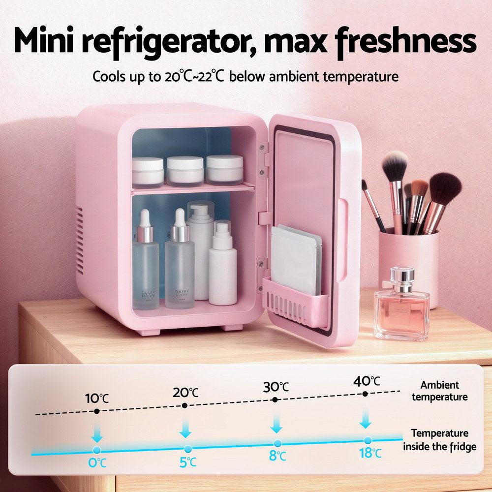 Glacio Mini Fridge Skincare Beauty Cooler Warmer LED Mirror 12V 220V Pink 4L.