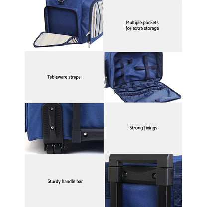 Alfresco 6 Person Picnic Basket Set Bag Wheels Insulated Trolley.