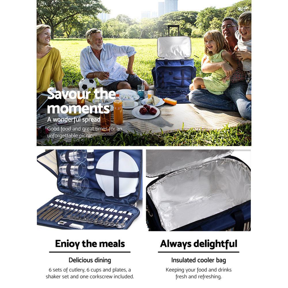 Alfresco 6 Person Picnic Basket Set Bag Wheels Insulated Trolley.
