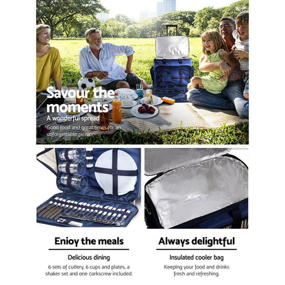 Alfresco 6 Person Picnic Basket Set Bag Wheels Insulated Trolley.