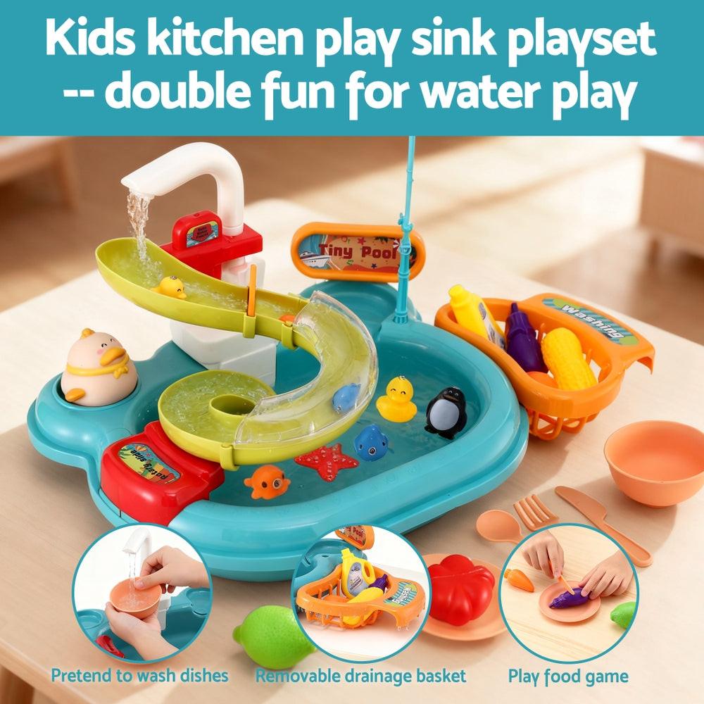 Keezi Kids Pretend Play Kitchen Sink with Faucet Floating Fishing Toys Play food.