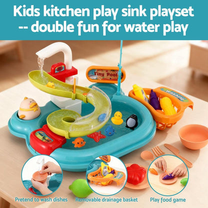 Keezi Kids Pretend Play Kitchen Sink with Faucet Floating Fishing Toys Play food.