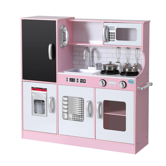 Keezi Kids Wooden Pretend Kitchen Play Set Cooking Toys Pot Ice Cup Oven Blackboard 80CM Pink.