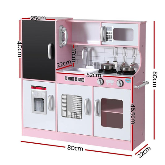 Keezi Kids Wooden Pretend Kitchen Play Set Cooking Toys Pot Ice Cup Oven Blackboard 80CM Pink.