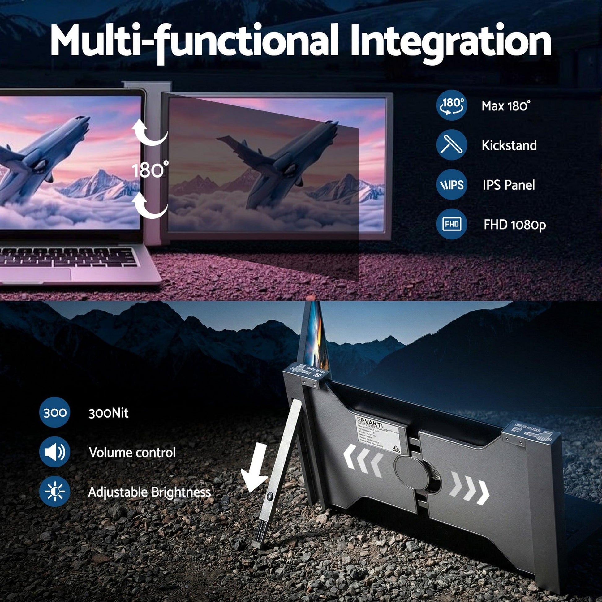 Devanti Portable Monitor Laptop Screen Extender Dual Display 1080P IPS USB C.