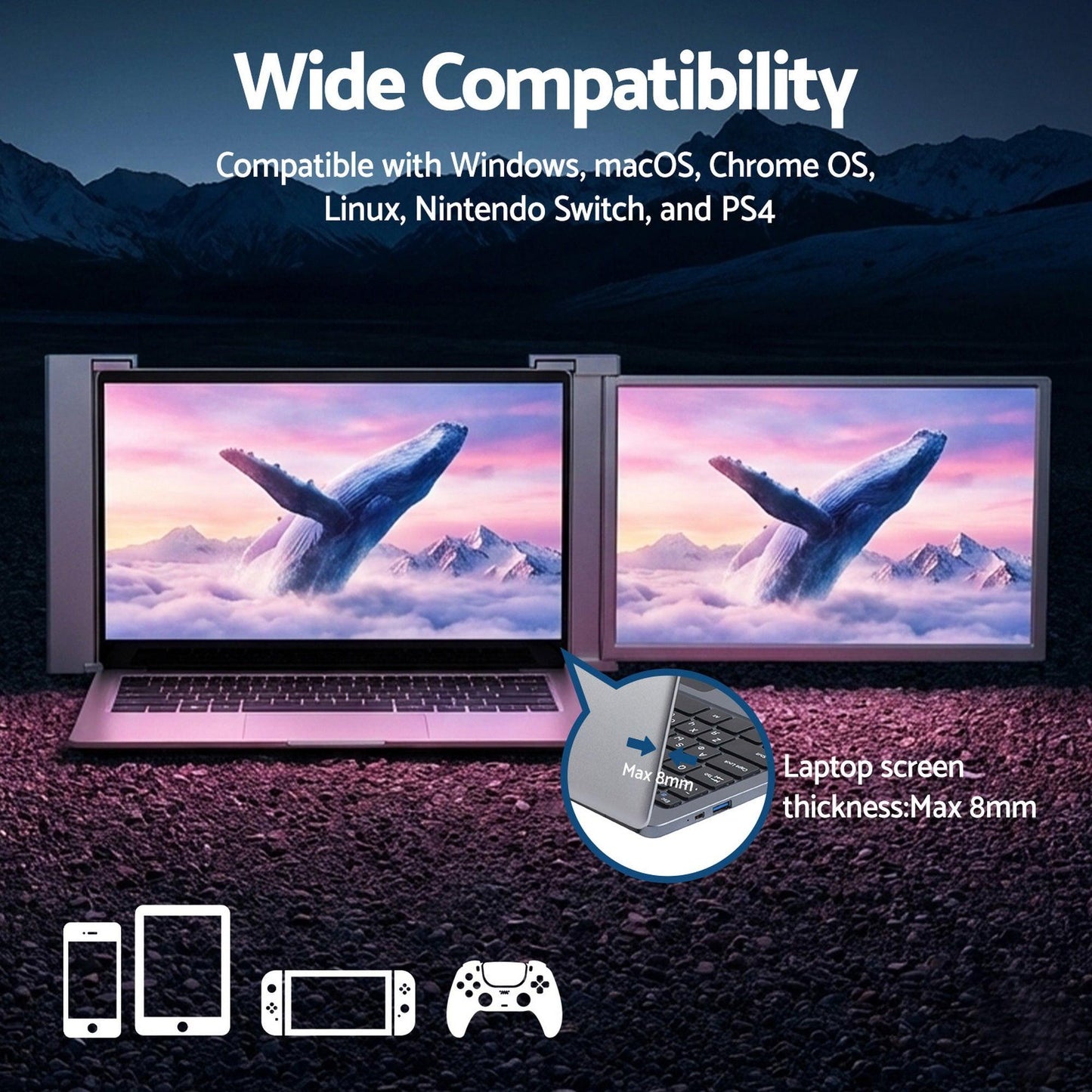 Devanti Portable Monitor Laptop Screen Extender Dual Display 1080P IPS USB C.
